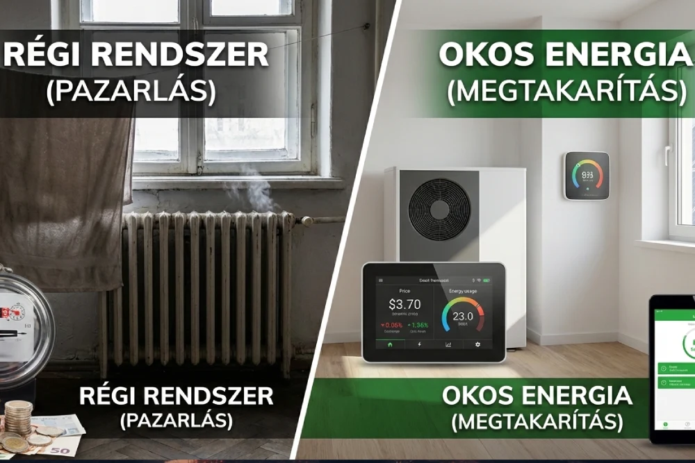 Egy modern hőszivattyú és egy okosmérő kijelzője egy hőszigetelt családi ház falán, mellette egy régi radiátorral, szimbolizálva az árgombtekergetés és a valódi energiahatékonyság közötti különbséget.