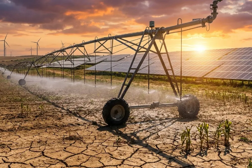 Mezőgazdasági öntözőrendszer és napelemek a napsütésben – vízmegtartás és energiastratégia Magyarországon